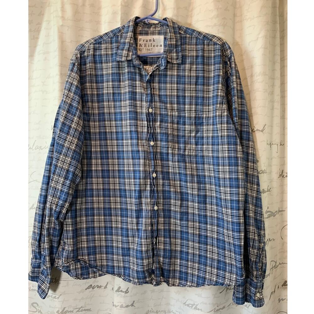Frank & Eileen Luke Plaid Button Down Shirt XL Blue Black Italian Cotton